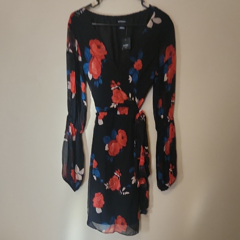 Club Monaco Black and Red Floral Long Sleeve Dress